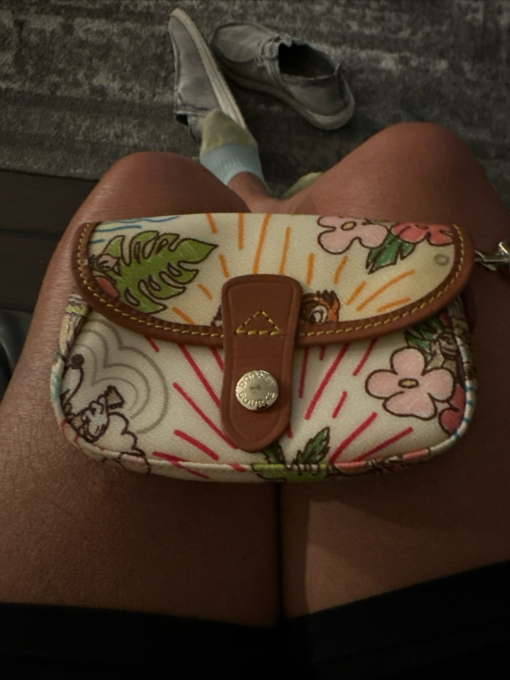 Dooney & Bourke Floral Canvas Wristlet Clutch - White with Brown Trim